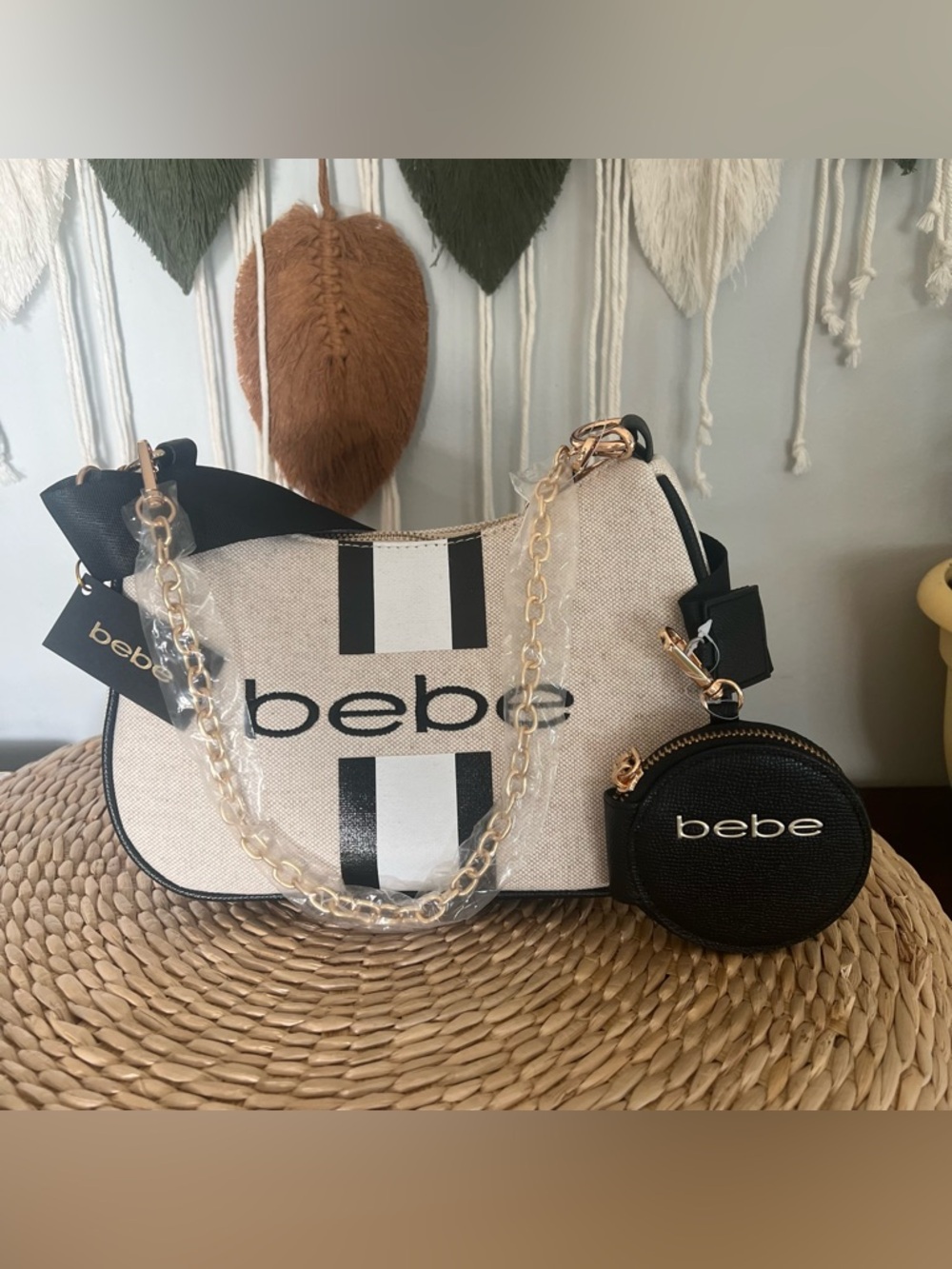 bebe Cream Canvas Shoulder Bag with Black Stripes & Coin Pouch